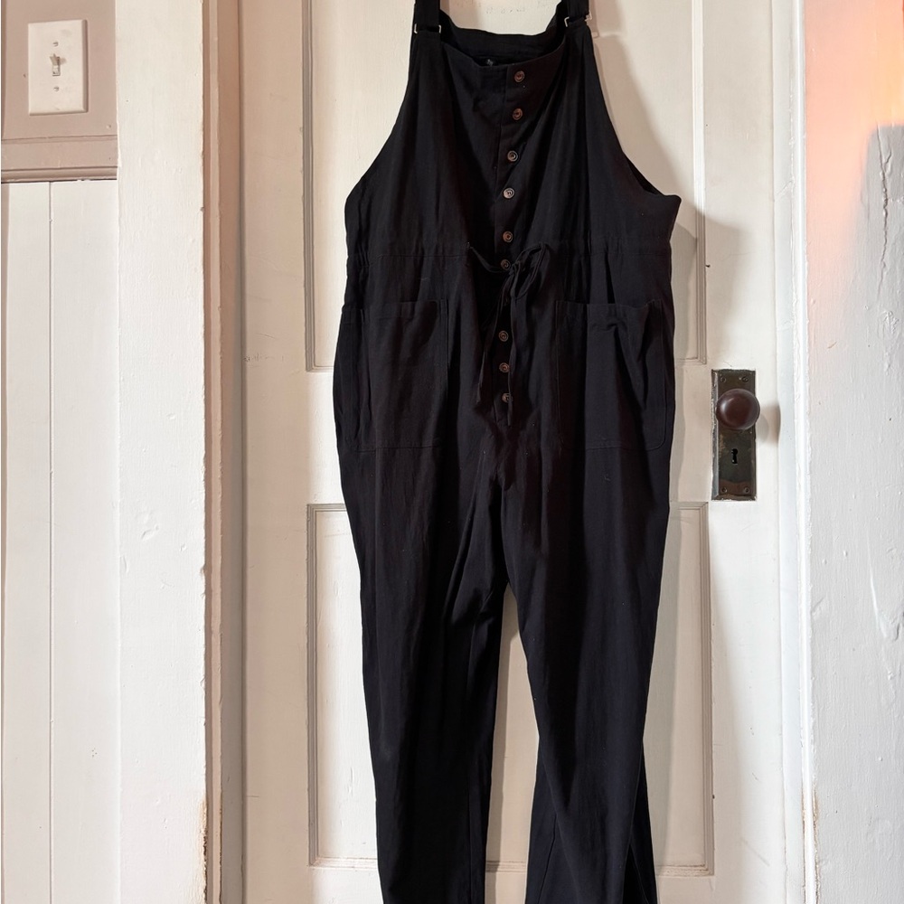 Black Overall Style Drawstring Waist Linen Jumpsuit